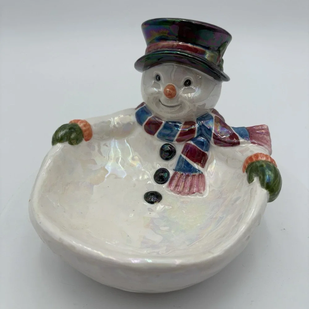Ceramic Snowman Christmas Festive Candy Bowl Iridescent Glossy‎ Vintage